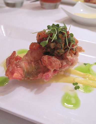 Crispy Lobster Tail  with Corn Puree and Roasted pepper Salsa